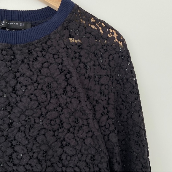 ZARA NAVY BLUE LACE LONG RAGLAN SLEEVED TOP WITH RIBBED NECKLINE AND CUFFS, XS - Picture 5 of 10